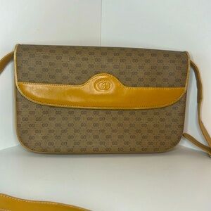 GUCCI rare crossbody purse monogram tan leather trim vintage